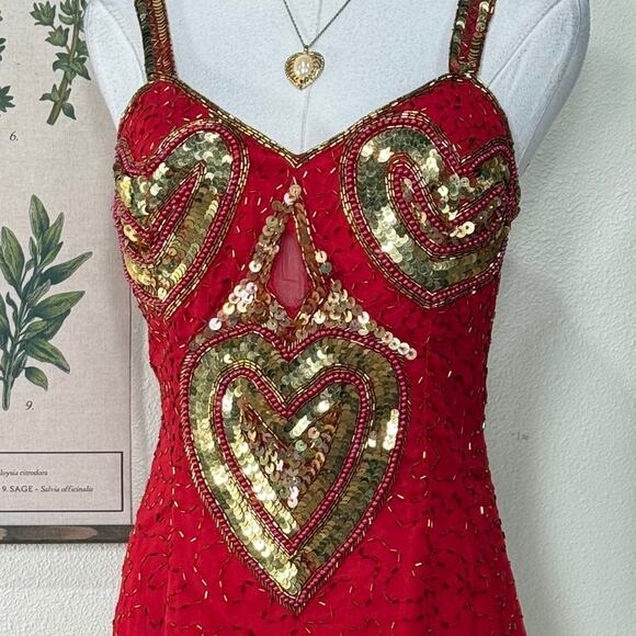 Vintage Silk Sequin Beaded Heart Party Dress Showgirl Retro Romantic Sexy 6 S M - Picture 2 of 8